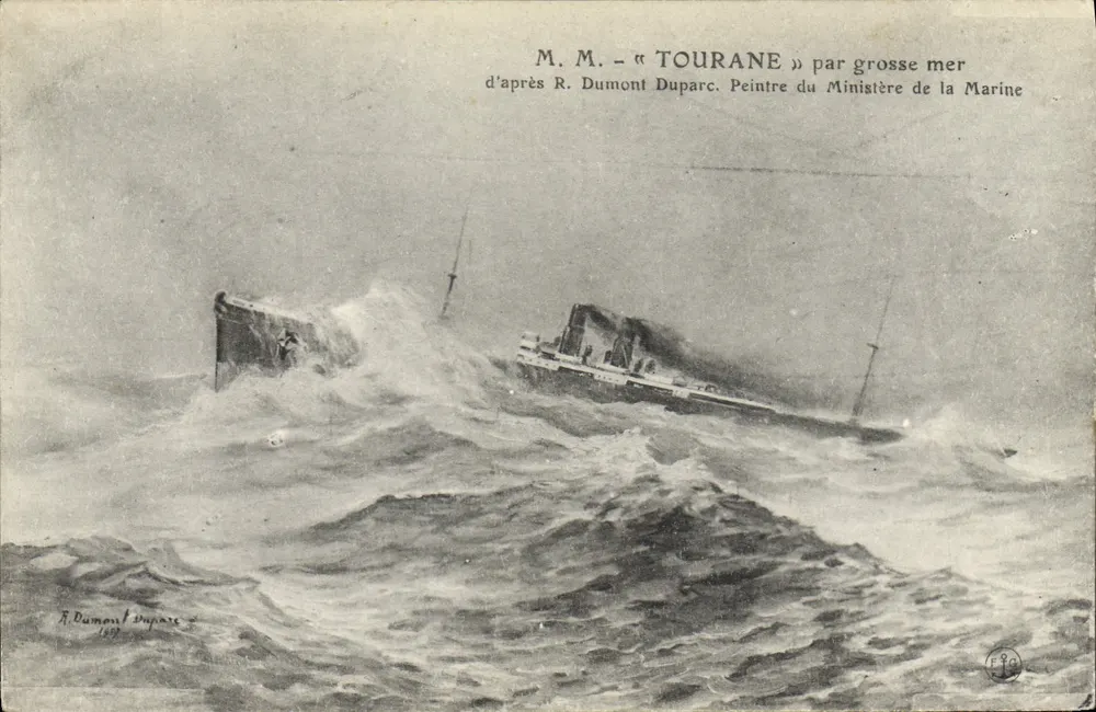 Der Kreuzer « Tourane » in stürmischen Gewässern — Nachbildung nach R. Dumont Duparc, Maler des Marineministeriums — 1909 - Vorderseite