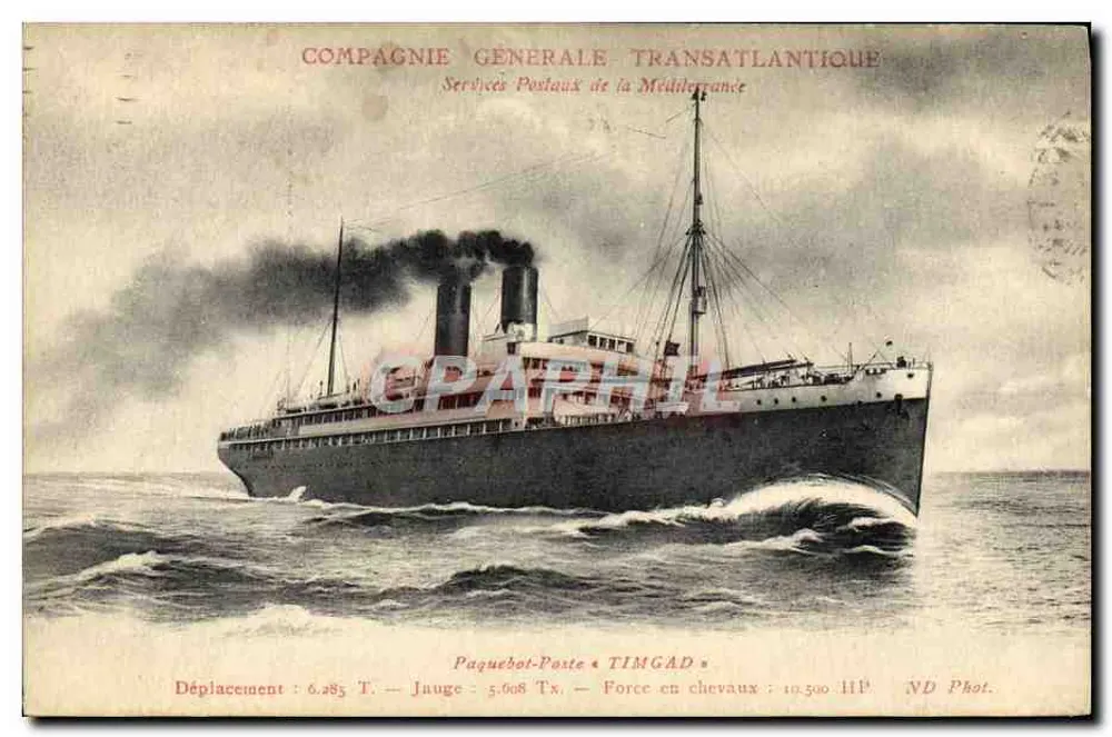 Postschiff TIMGAD — Compagnie Générale Transatlantique — Postdienste der Mittelmeerküste - Vorderseite