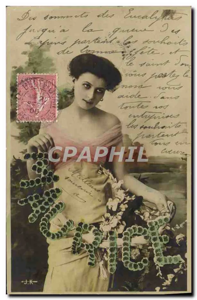 Mulher em vestido rosa segurando um buquê — J.K. — editor desconhecido - Frente