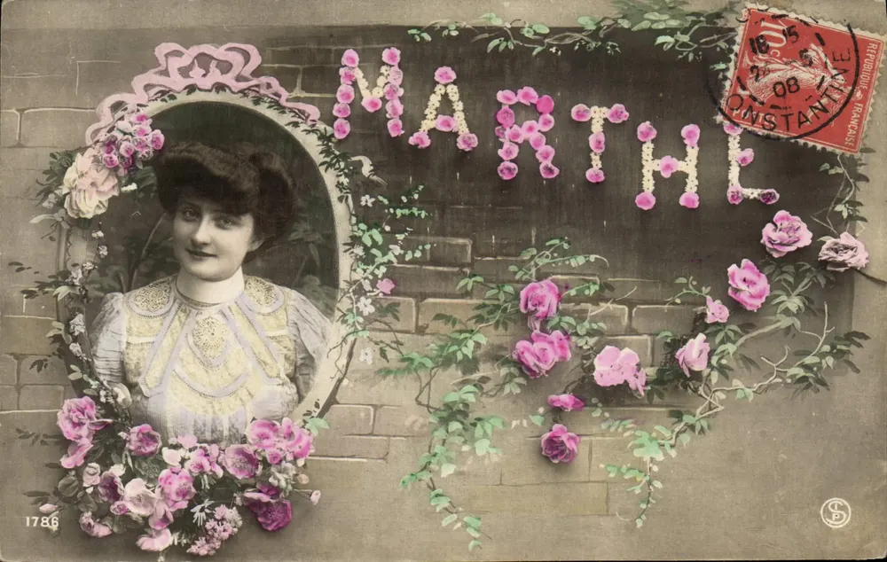 Marthe — cartão postal decorado com rosas — editado pela Reprodução Francesa - Frente