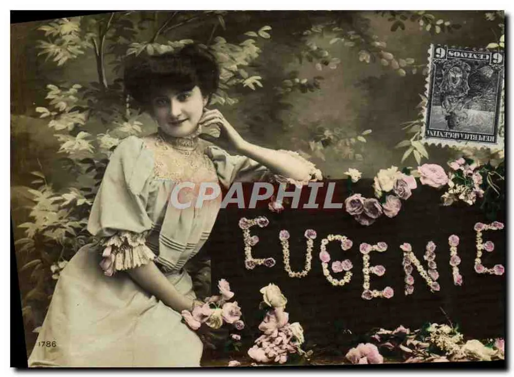 Mulher em vestido com babados — decoração de rosas e inscrição 'EUGENIE' — editor desconhecido, n° 1786 - Frente
