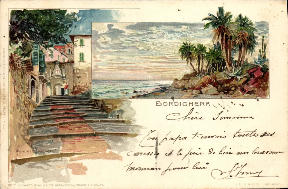 Bordighera — vista de la costa con palmeras y escalones — editor Schmidt-Staub & Cie, Núremberg, n° 222 - Anverso