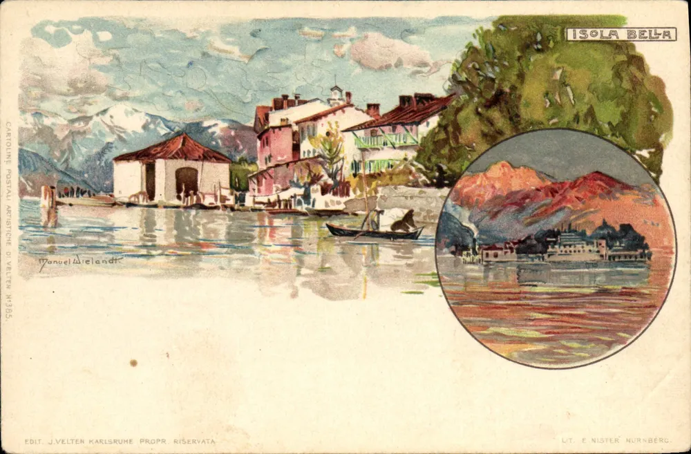 Isola Bella — vista lacustre con montañas en primer plano — J. Velten Karlsruhe, n° 295 - Anverso