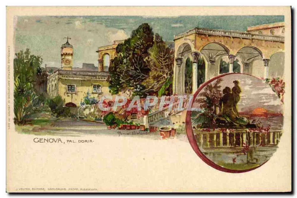 Genova, Pal. Dorìr. — architektonische Ansicht mit Statue im Rahmen — J. Veltner, Karlsruhe, eigentümer reserviert - Vorderseite
