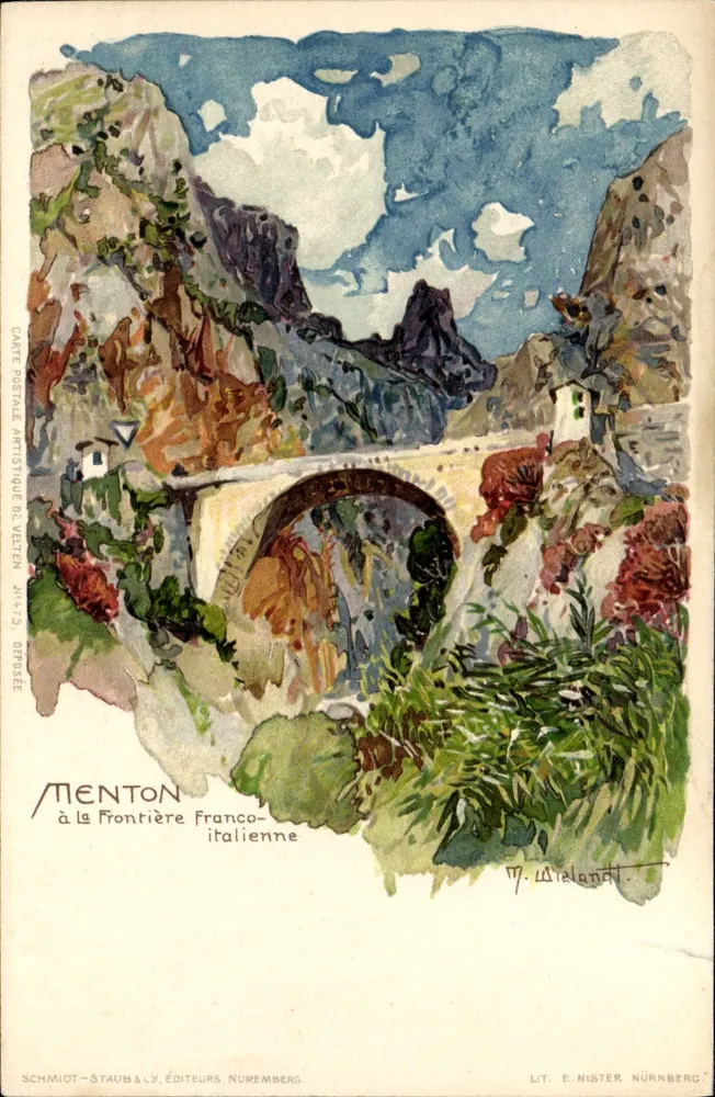 Menton na Fronteira Franco-italiana — ilustração de M. Wielandt — editada por Schmidt-Staub & Cie, Nuremberg - Frente