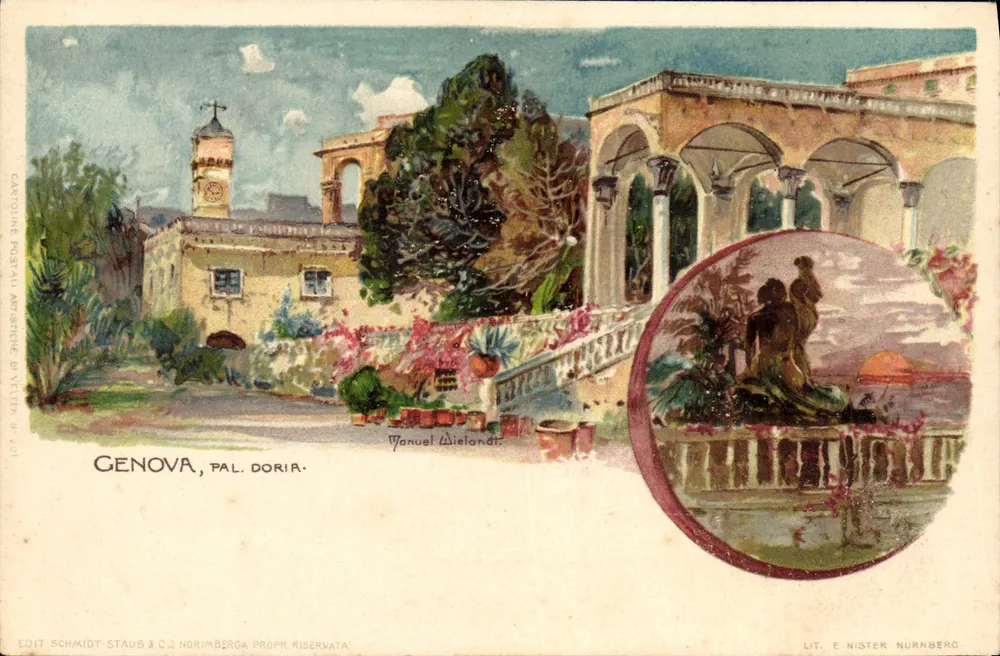 Gênova, Palácio Doria — vista do edifício com jardim e fonte — editor Schmidt-Staubs & C° Nürnberg - Frente