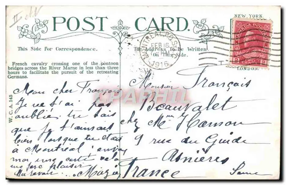 Französische Kavallerie, die die Marne über eine Pontonbrücke überquert — VOM INTERNATIONAL NEWS SERVICE, N.Y. 19 - Rückseite