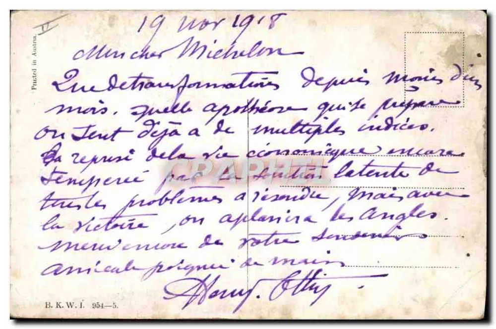Dois homens sob um guarda-chuva — ruínas antigas no fundo — editor B.K.W.I. n° 354-5 - Verso