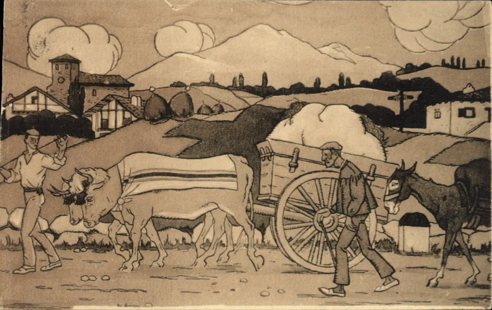 Baskenland — Auf der Straße — M. B. — Nach einer Aquatinte von Jacques Le Tanneur - Vorderseite