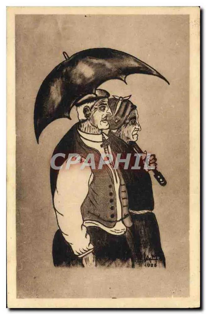 Duas pessoas sob um guarda-chuva — desenho assinado 'A. T.' em 1928 — editor não visível - Frente