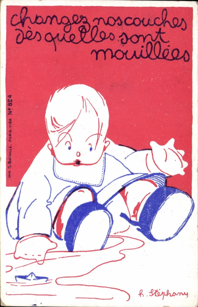 Criança brincando na água — troca de fraldas — Imp. G. Bataille, Paris, N° 824 - Frente
