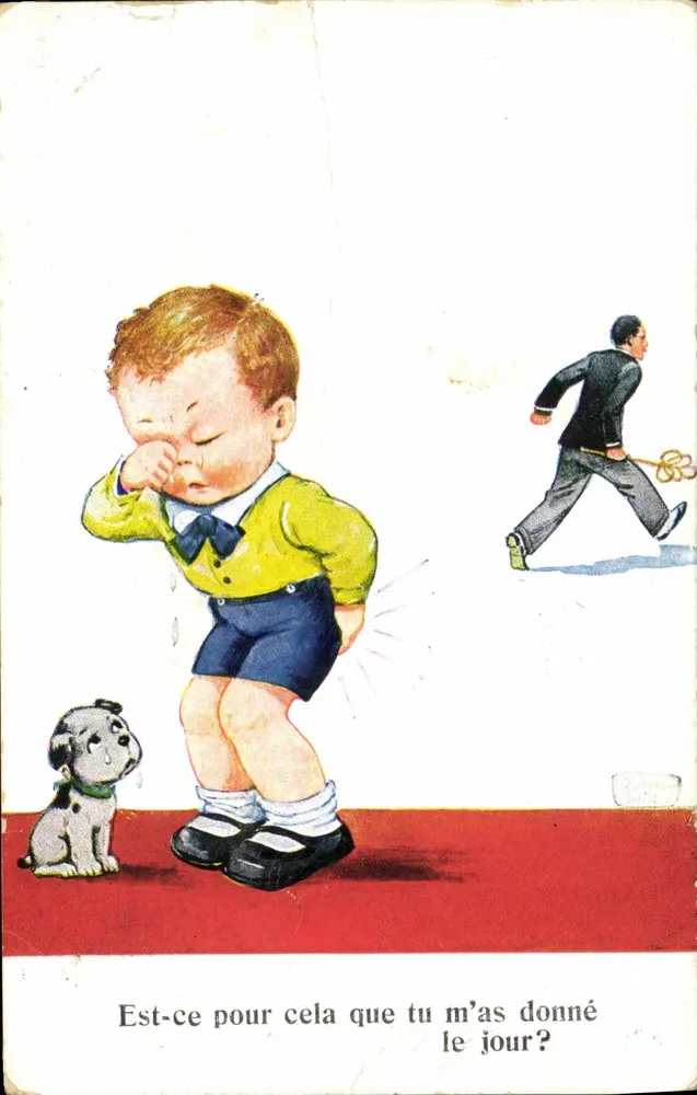 Kindergeschöpf, das vor einem Hund weint — humoristische Szene — Verlag nicht sichtbar - Vorderseite