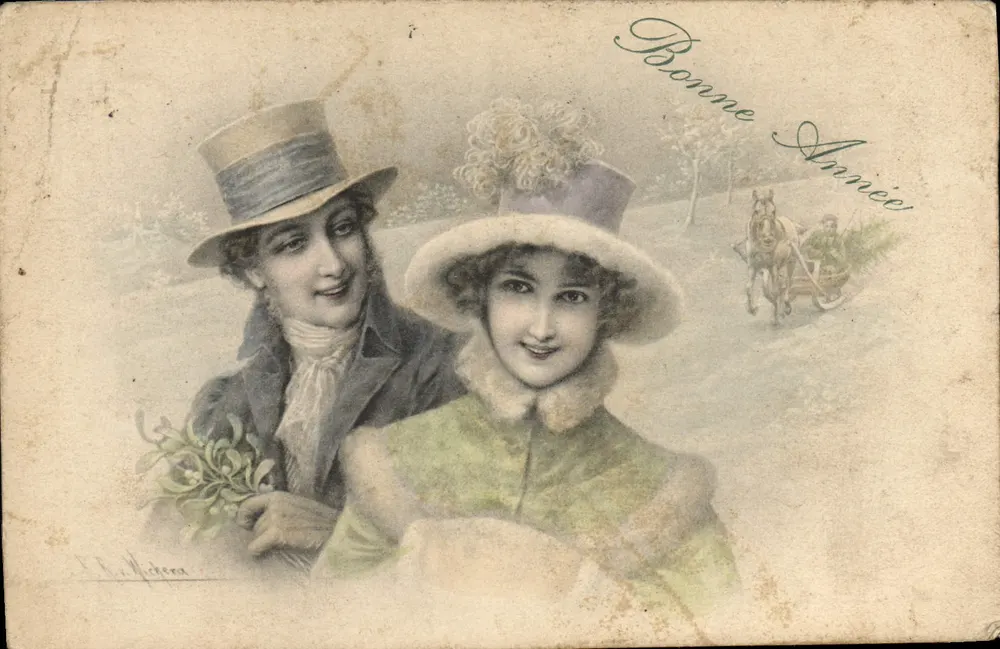 Zwei junge Frauen in Winterkleidung — Frohe Neujahr — Verlag X. B. Midera, Seriennummer nicht sichtbar - Vorderseite