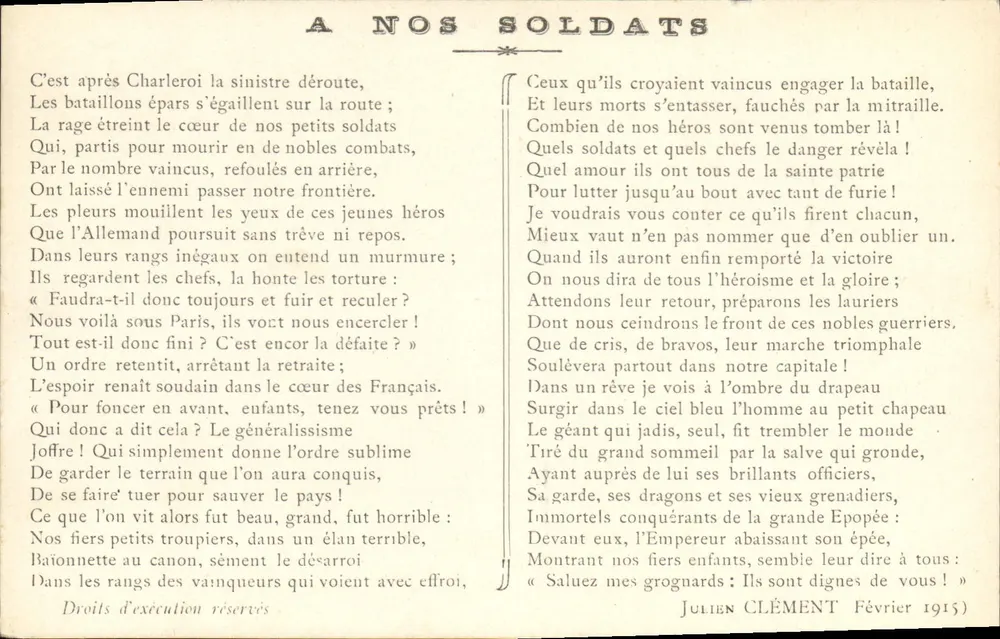 AN UNSERE SOLDATEN — Gedicht von Julien Clément — Februar 1915 - Vorderseite