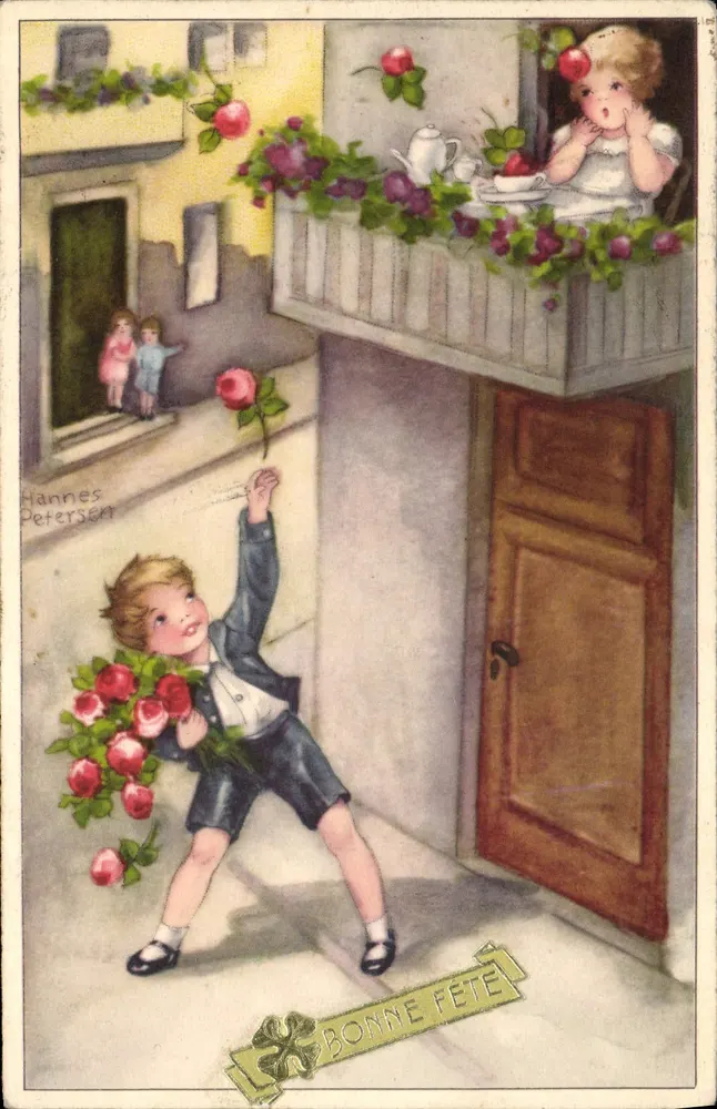 Kind, das Rosen an ein Mädchen auf einer Terrasse überreicht — Hannes Petersen — Nr. 60 - Vorderseite