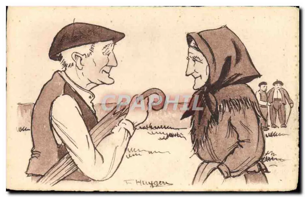 Twee boeren in gesprek — tekening van F. Huyggen — serie 'Herinneringen uit de jeugd' n°23 - Voorkant
