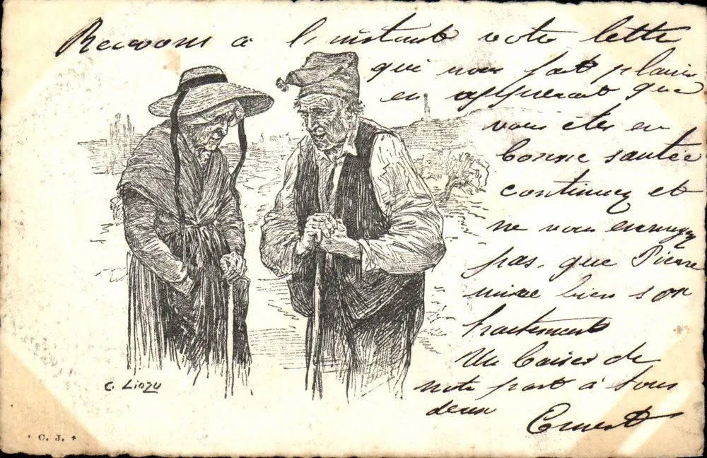 Dois idosos — ilustração de G. Liozu — editor C. J. - Frente