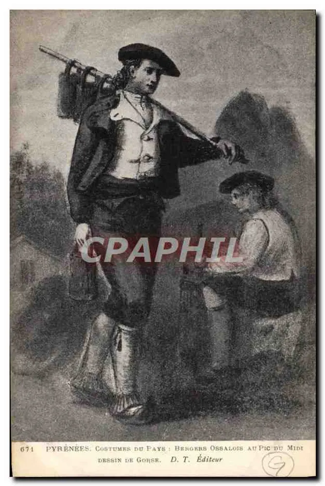 Ossalaiser Schäfer am Pic du Midi — Pyrenäen, traditionelle Kleidung — Zeichnung von Gorse, Verlag D. T. - Vorderseite