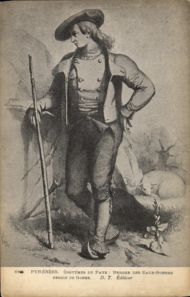PYRÉNÉES. TRADITIONELLE TRÄGERKLEIDUNG DER REGION: SCHÄFER VON EAUX-BONNES — Zeichnung von Gorse — D. T. Verlag - Vorderseite