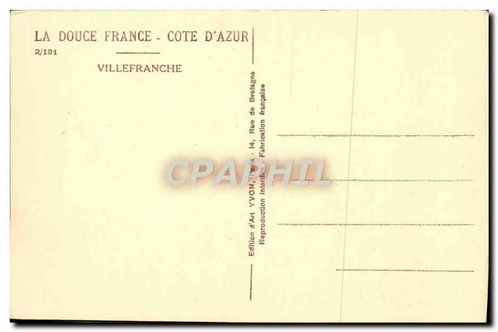 Villefranche-sur-Mer — vista do porto e das colinas — Edição de Arte YVON, n°2/191 - Verso