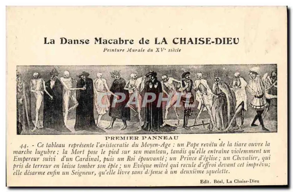 La Danza Macabra de LA CHAISE-DIEU — Pintura mural del siglo XV — Edit. Béal, La Chaise-Dieu - Anverso