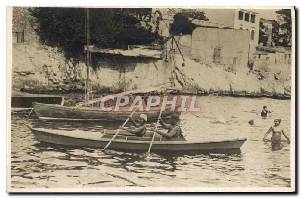 Dois homens em barco a remos — cena de banho — editor não identificado - Frente