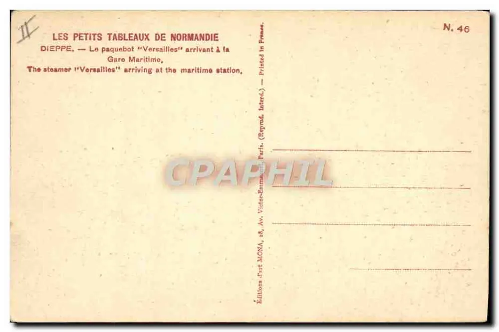 Dieppe — Der Dampfer "Versailles" am Hafen der Hafenterminal ankommen — Editions MONG, Nr. 46 - Rückseite