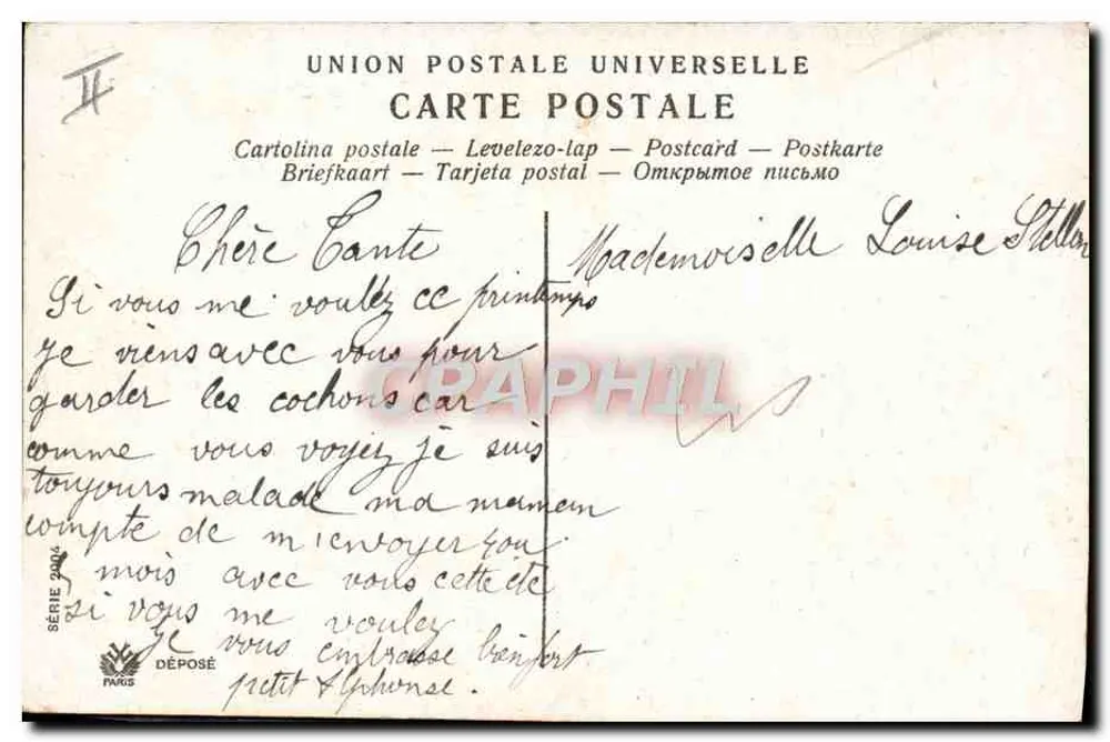 Duas pombas e rosas — cartão de aniversário para Louise — editor Paris, série 2004 - Verso