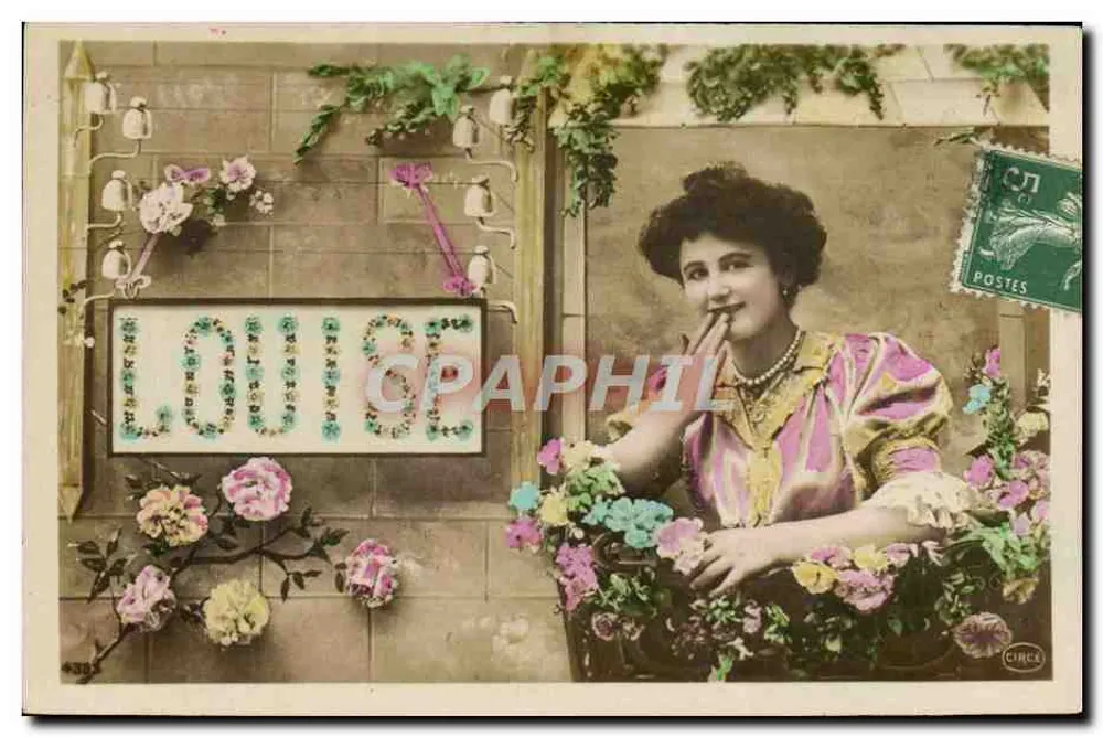 Mulher no balcão — decoração floral e placa 'LOUISE' — editor CHICL, n°4335 - Frente