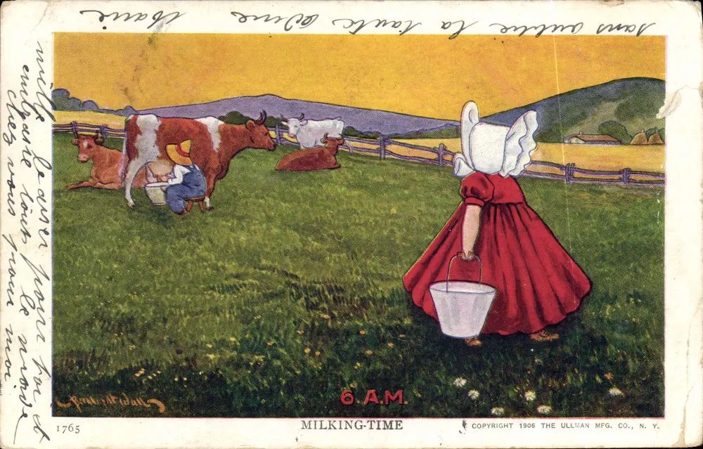 Milking-Time — Landwirtschaftsszene mit einer jungen Frau in roter Kleidung — Verlag THE ULLMAN MFG. CO., N. Y. - Vorderseite
