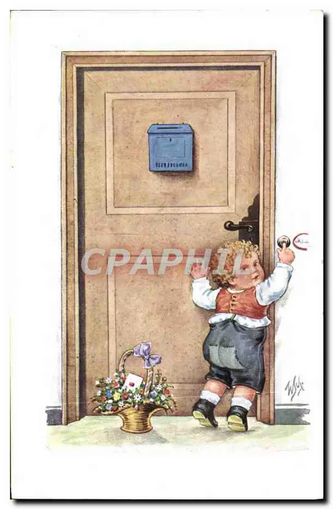 Kind vor einer Tür — mit Blumenkorb — Verlag W+S, Nr. 1042 - Vorderseite