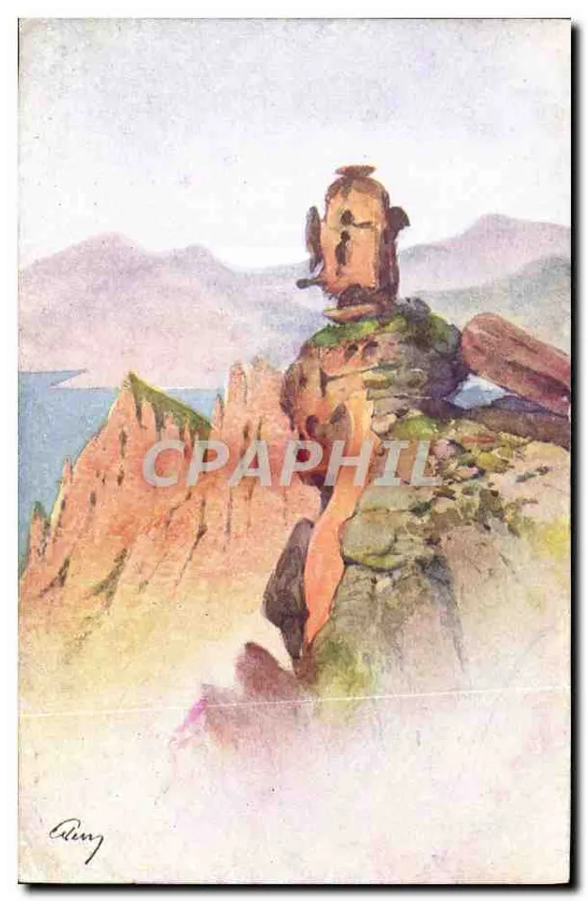 Ausblick auf die Küste — Aquarellzeichnung — signiert 'Almy' - Vorderseite