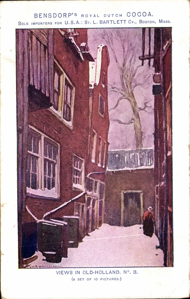 Ansicht einer schneeverdeckten Gasse in Amsterdam — Serie 'Views in Old-Holland' Nr. 8 — Bensdorp's Royal Dutch Cocoa, St. L. Bartlett Cy., Boston, Mass. - Vorderseite
