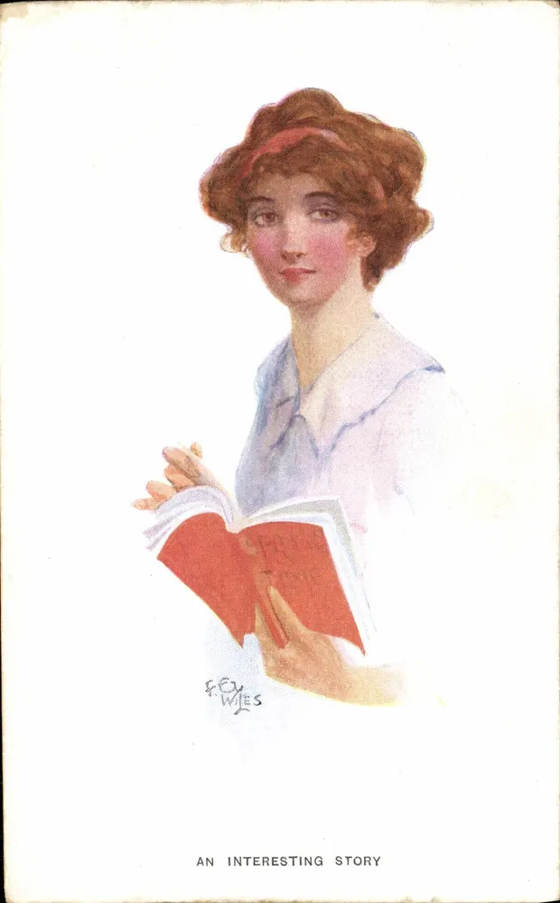 Frau, die ein Buch liest — Illustration — F. W. Myles, Serie E.C. Nr. 7025, The Carlton Publishing Co., London - Vorderseite