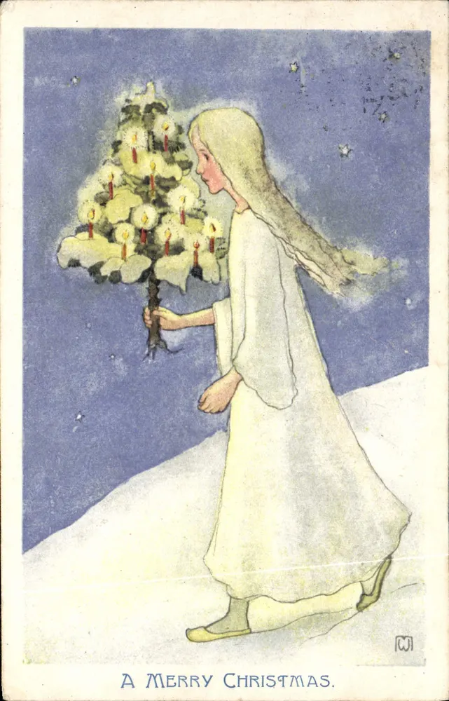 Frau in weißem Kleid mit Weihnachtsbaum — Illustration — unbekannter Verlag, Nr. 8 - Vorderseite