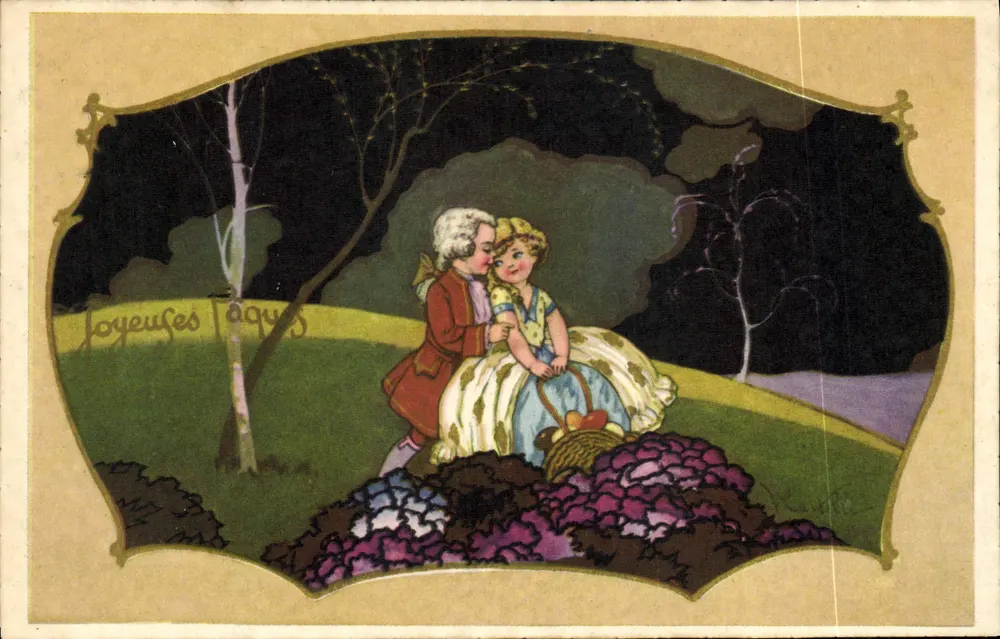 Junge Liebende in einer nächtlichen Landschaft — gedruckter Text 'Joyeuses Fêtes' — Verleger nicht sichtbar - Vorderseite