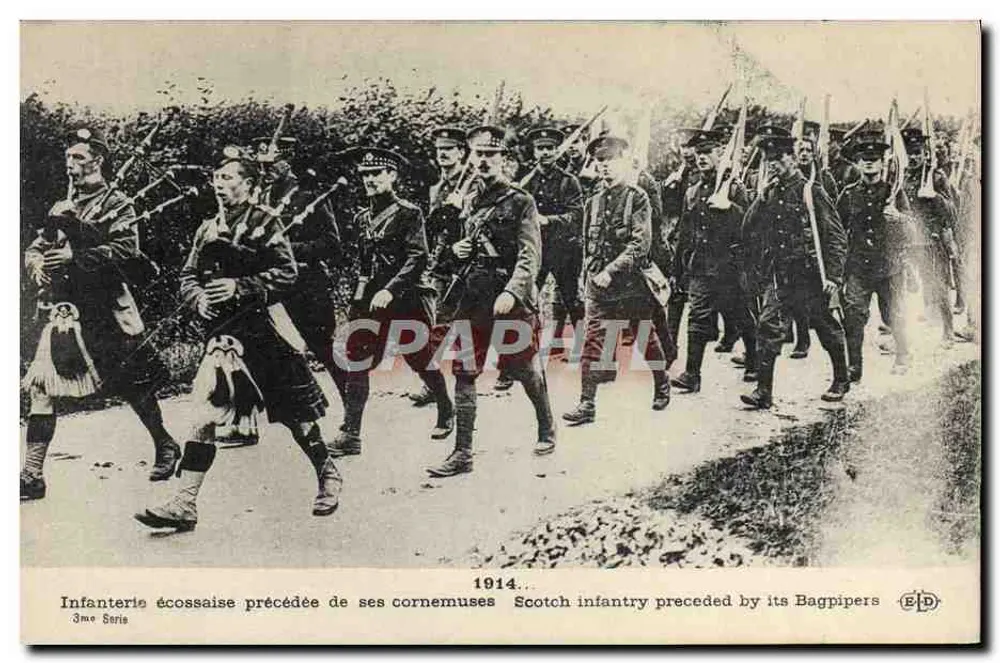 Schottische Infanterie, gefolgt von ihren Pfeifern — 1914 — 3. Serie — Verlag E.D. - Vorderseite