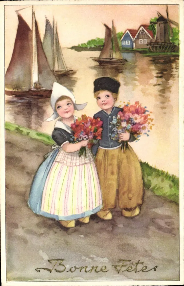 Kinder mit Blumen — Niederländisches Landschaftsbild mit Mühle — Ansichtskarte n°70 - Vorderseite