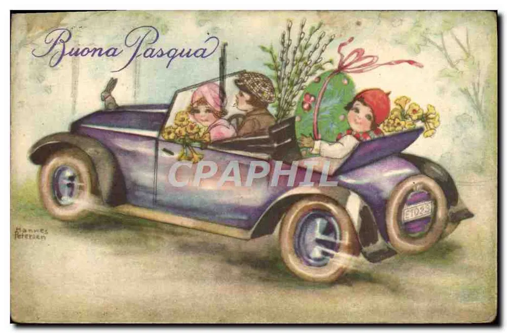 Familie im Auto — OsterSzene — Verlag Hannes Peterken, n° 1023 - Vorderseite