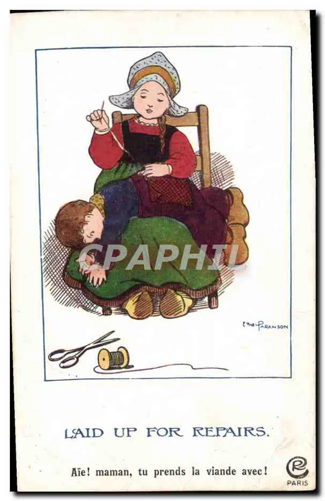Frau und Kind — Näh-Szene — E. Paranson, Paris - Vorderseite