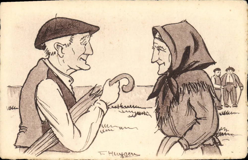 Pessoas idosas em conversa — desenho de F. Huyggers — n° 23 - Frente