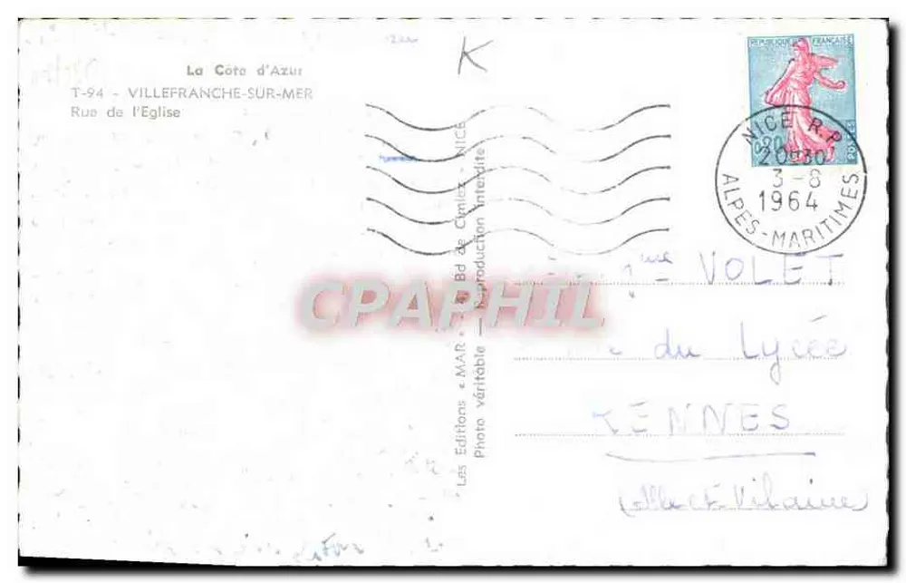 Villefranche-sur-Mer — Kirchstraße — Editions « MAR » - Rückseite