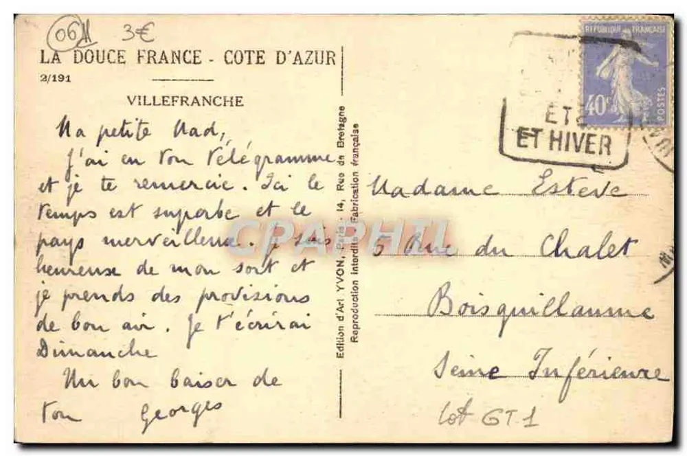 Villefranche-sur-Mer — vista do porto e da montanha — Edição d'Art Yvon, n° 06 - Verso