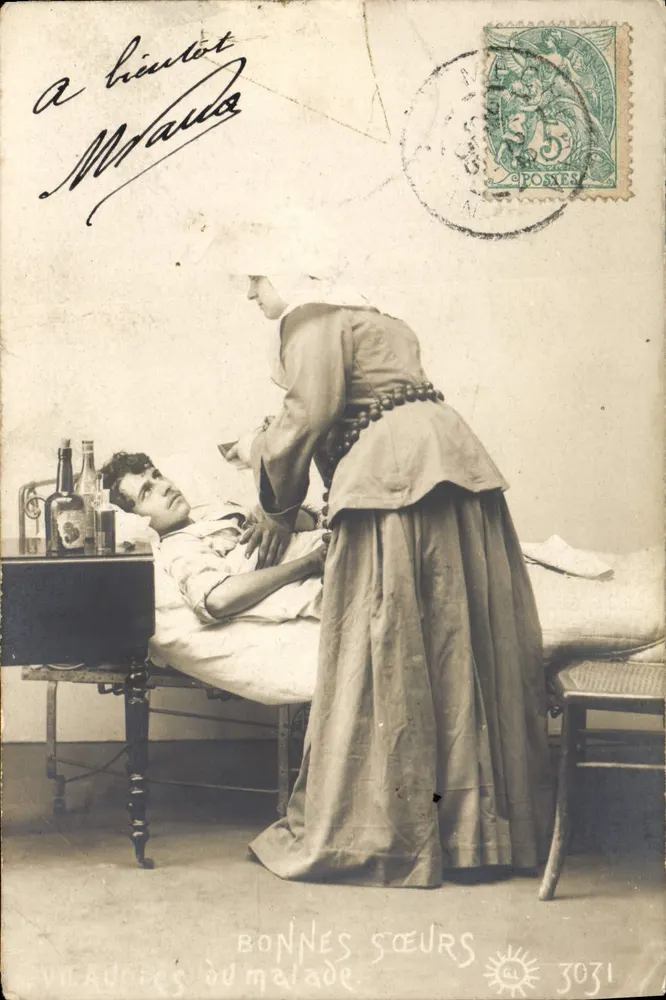 Irmã cuidando de um doente — Boas Irmãs — editor 'Vicariés du malade' n°3031 - Frente