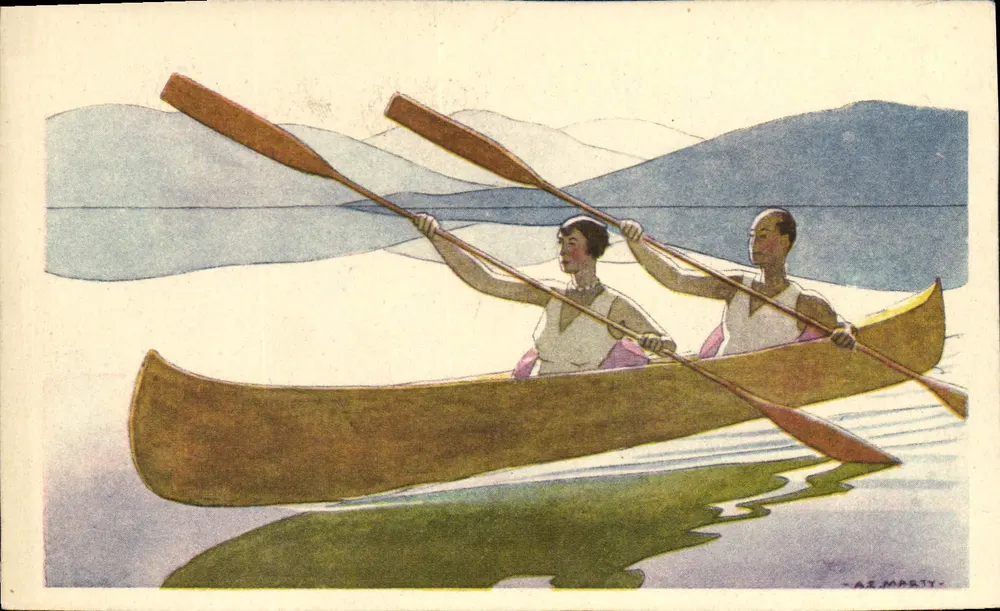 Duas pessoas em canoagem — ilustração — A.E. MARTY - Frente