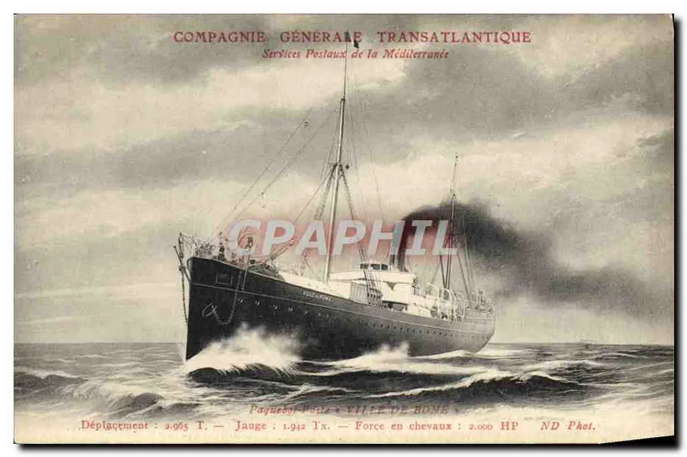 Paquebot Ville de Bonne — Compagnie Générale Transatlantique — Servicios Postales de la Mediterráneo - Anverso