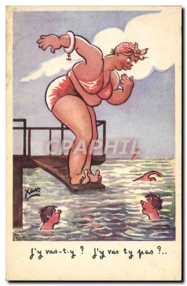 Frau im Badeanzug auf einer Sprungbrett — humoristische Karikatur — Édit. ROBSET et Cie, Paris, N° 1004-1 - Vorderseite
