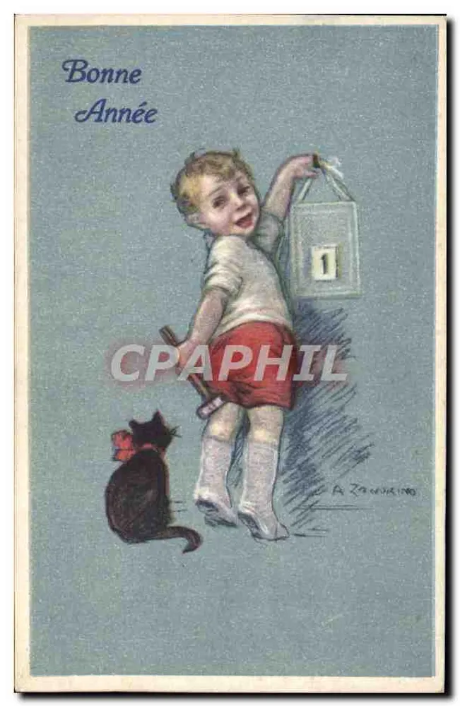 Kind und Katze — Frohe Neujahr — A. Zanussi, 1900 - Vorderseite