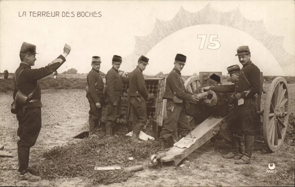 Französische Soldaten mit Feldkanone — Die Angst vor den Boches — Verlag Croissant, Paris - Vorderseite