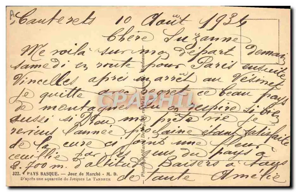 Mulher basca carregando um balde na cabeça — País Basco — Dia de Feira — Editor: Jacques Le Tanneur, n° 322 - Verso